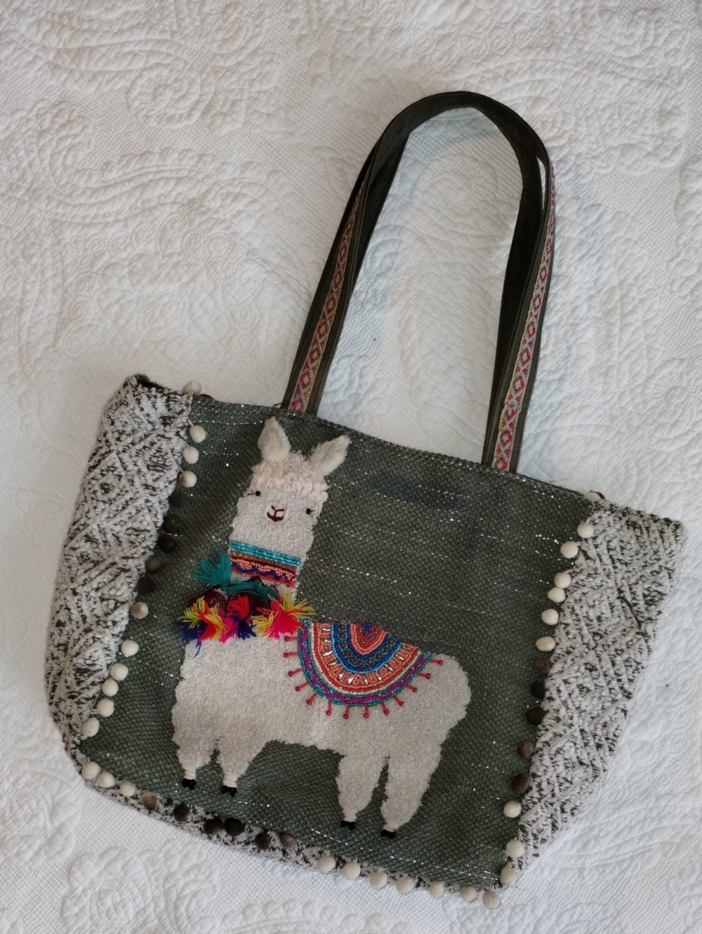 America & Beyond Embroidered Llama Tote Bag